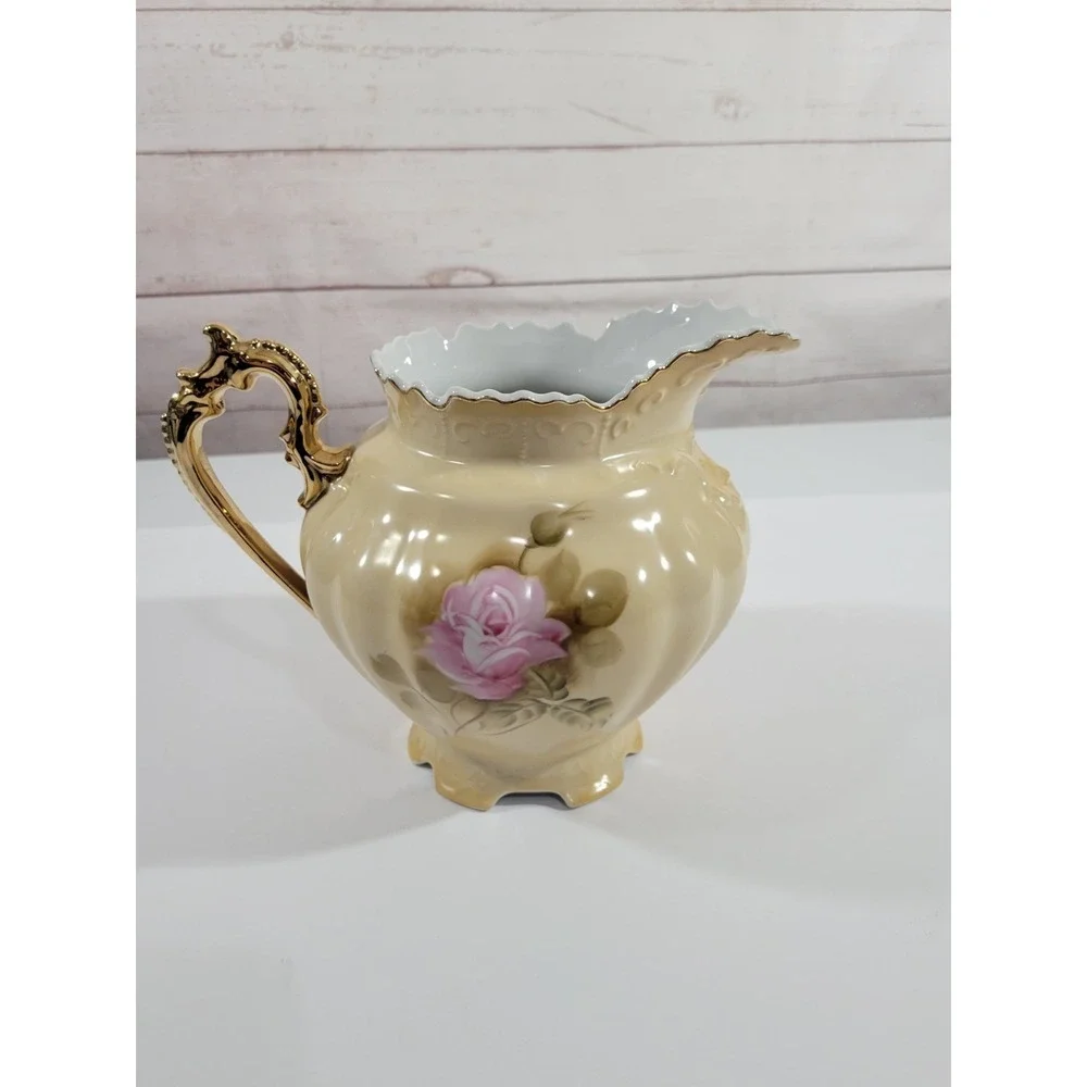 Lefton China Porcelain Pitcher 3114 Hand Painted Beige Floral Gold Trim 6.5